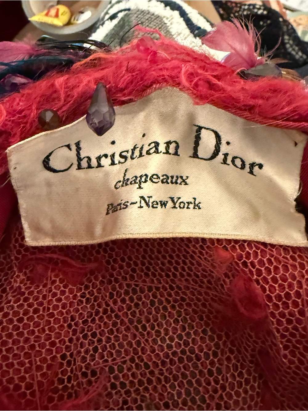 VINTAGE Dior Red Feather & Bead stylish HAT- one of a kind piece. 70s? 60s?